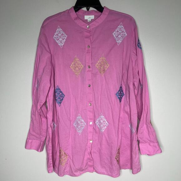 J. Jill Embroidered Button Up Tunic Top Shirt Sz XL Pink Cotton Casual Mature - Picture 2 of 9